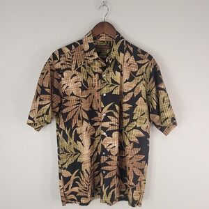 Tori Richard Shirt Mens Medium Brown Green Leaf Print Hawaiian Cotton Lawn USA
